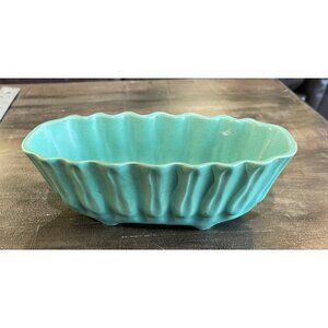 Vintage USA Pottery Turquoise Planter 8" Long Textured Scalloped Design Home De